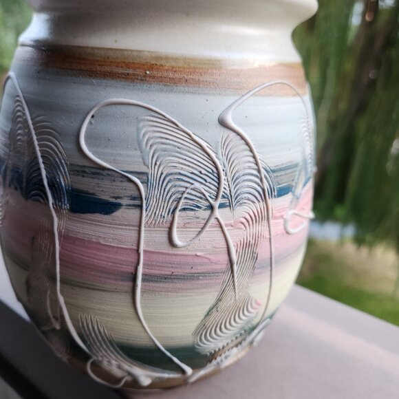 Handmade Ceramic Utensil Jar in Pastels by Sandy Dumba, 7" tall, 5" across - Picture 5 of 12